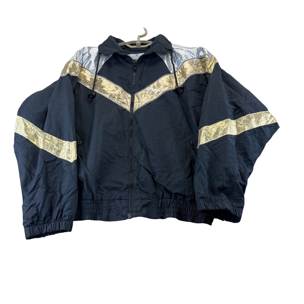 The La Costa Spa Windbreaker Womens M Black Gold Silver Metallic Vtg USA Jacket